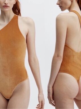 Fabletics One-Shoulder Velvet Bodysuit in Caramel